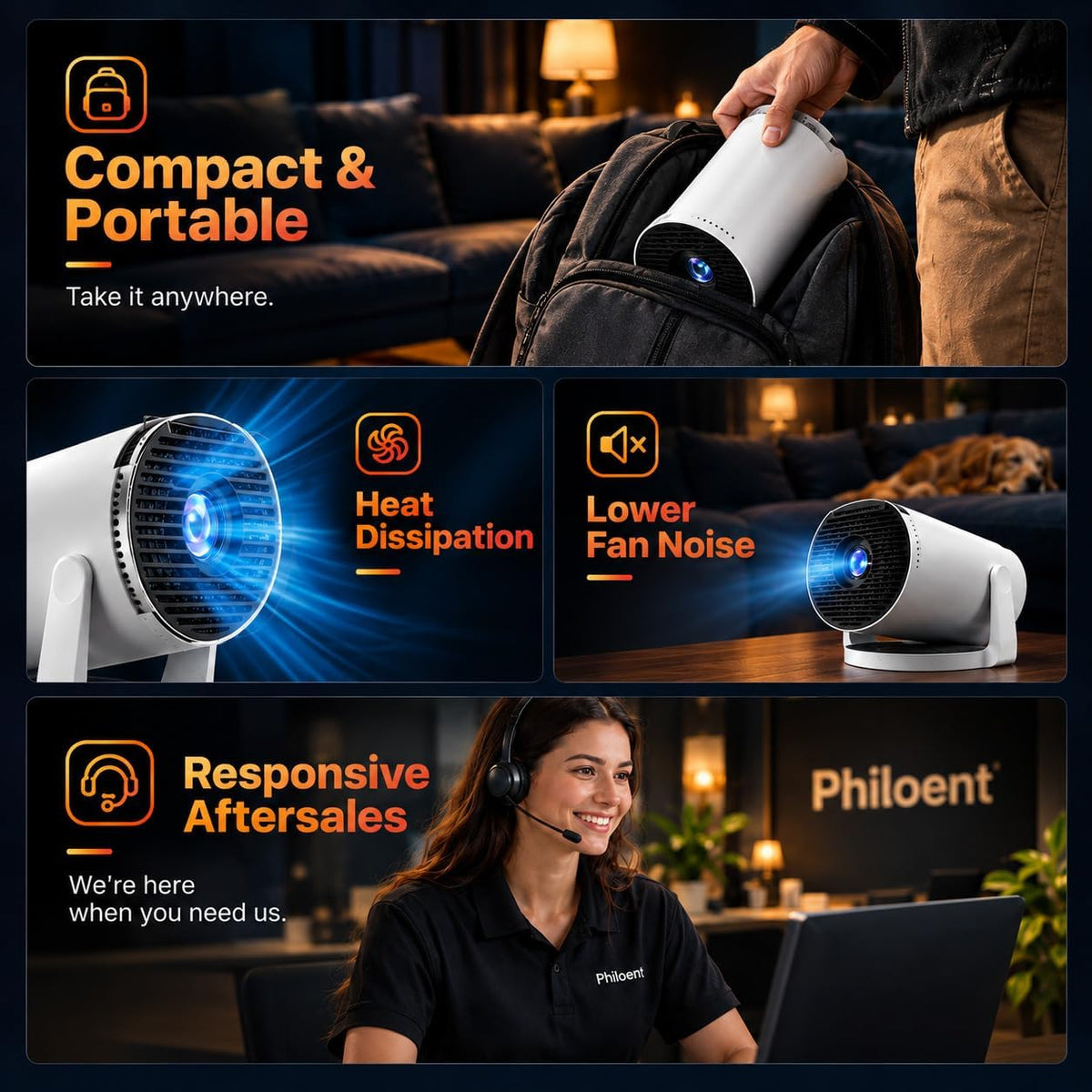 Philoent Portable Mini Projector, Premium HiFi Speaker Built-in App 1080P